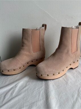 J. Crew Chelsea Suede Faux Fur Lined Wooden Clog Boots Size 7-5